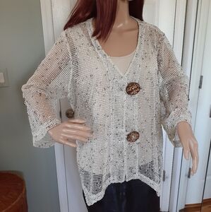 Nina Leonard Womens Boho Lagenlook Cardigan Open Weave Coconut Shell Buttons 2X